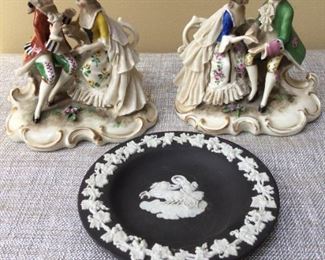 Antique Dresden Style Figurines and Vintage Black Wedgewood England Dish