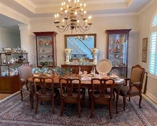Queen Ann French Provincial Dining Table & 8 Chairs with 2 Leaves, Vintage Hand Woven 100% Wool Area Rug 10’4”x14’8”, 2 Lighted Linen Backed Wood with Thick Glass Shelves Curio Cabinets & Etched Glass Doors 7’8” tall x 3’ wide x 1’6” deep