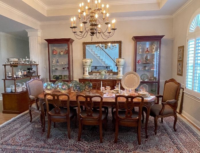 Queen Ann French Provincial Dining Table & 8 Chairs with 2 Leaves, Vintage Hand Woven 100% Wool Area Rug 10’4”x14’8”, 2 Lighted Linen Backed Wood with Thick Glass Shelves Curio Cabinets & Etched Glass Doors 7’8” tall x 3’ wide x 1’6” deep
