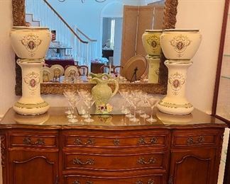 Vintage French Provincial Buffet, Pair of Early 1900’s Roseville Creamware Pottery Rosalie Jeanette Jardiniere,  Vintage Ornate Decorative Mirror
