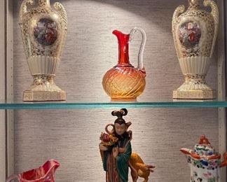 Gold Accent Victorian Urns, Art Glass Pitcher, Imperial Ruby Windmill Slag Glass Pitcher, Asian Tea Pot