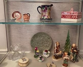 Limoges Plate, Royal Doulton Mini Toby Pitcher, Gold Accent Floral Pitcher, Copeland Spode Spode’s Tower, Salesman Sample Pressed Glass Punchbowl & Cups, Vintage Celadon Plate, Royal York Flower Figurine, Royal Adderley Flower Figurine, 1950’s Hummel #194 A Nativity Scene, Hummel Shepherd w/Sheep #214/F, Hummel Shepherd #68/0