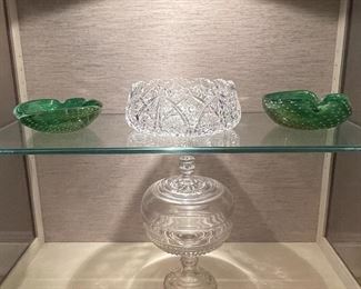 Murano Venetian Art Glass Controlled Bubbles Green Dish, Vintage Cut Crystal Bowl