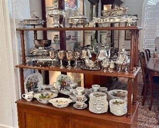 Vintage Wood Library Shelf, Copeland Spode~England~Reynolds S. 2188 China Set, Wallace Silver-plate Baroque Coffee/Tea Set, Silver-plate Trays & Buffet Servers and Chafing Dishes