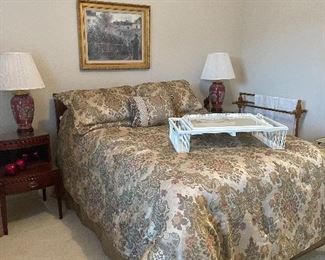 Full Size Bed, Vintage Mahagoney Nightstands, Vintage Rattan Serving Tray, Croscill Home~USA~Comforter & Pillow Shams, Vintage Monet “Painting in His Garden” By Windsor Art