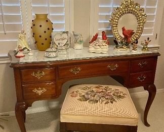 Vintage Desk by John Widdicomb Co. Grand Rapids Michigan, Vintage Embroidered Seat Wood Bench, Royal Doulton Figurine “Paula”