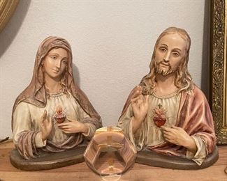 Vintage Porcelain Busts Sacred Heart of Jesus and Immaculate Heart of Mary by A. Borsato~Milano, Italy