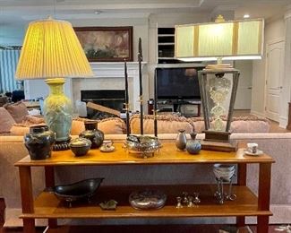 Wood Shelf, Stiffel Lamp, Metal Asian Jade? Lamp, John Richard Lamp, Vintage Bautista Patina Metal Urns