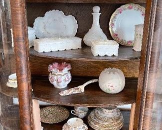 Vintage Milk Glass, Antique 1900’s Victorian Milk Glass Dresser Set by Dithridge, Ruffle Edge Bowl & Fenton Charlton Rose Pink Melon Silver Crest Ruffled Edge Vase