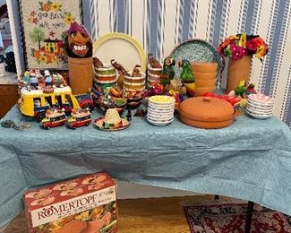 Romertopf Clay Cookers, Clay Bowls, Wine Holders, Tortilla Warmer, Carved Hand Painted Birds, Clay Decor from Puerto Rico & Aruba, Vintage MCM Dessert Bowls