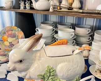 Rabbit Soup Tureen, William Sonoma Soup Bowls w/Saucer, Gien France La Ronde Des Fruits Salad Plates