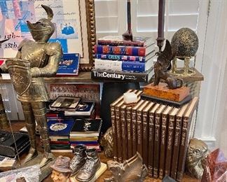 Old West Books, 1945 The Gay Philosopher Statues, Vintage Brass Lion Bookends. Metal Knight