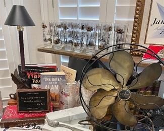 1940’s Emerson 6-Blade Fan~works, Mid Century Delbert Wallace Well Service~Alice, Tx Oilfield Advertising Glasses, Franklin Mint Pewter American Colonies Collector Spoons, Texas Memorabilia