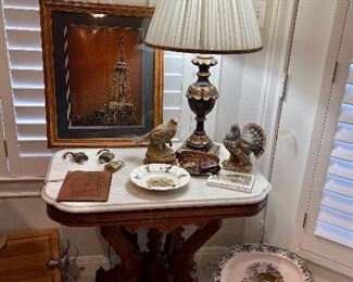 Vintage Eastlake Marble Top Table, Vintage Texaco Oil Derrick Framed Art on Copper, Vintage Texaco Pad Locks, Churchill Vintage Game Platters (18”)