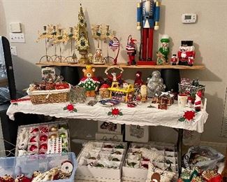 Tote of Designer Christmas Ornaments, Metal Sleigh, Metal Reindeer Candlesticks from Neiman Marcus, Waterford Flag Ornament, Large Wood Nutcracker Soldier