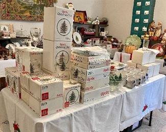 Spode Christmas Tree:  Casserole Dishes, Serving Bowls, Hurricane Lamps, Coffee Cups, Cheese Set, Square Buffet Dish, Tidbit Tray, Hors d’Oeuvre Tray, Highball Glasses, Old Fadhioned Glasses, Iced Tea Glasses, Wine Glasses