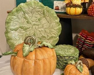 Vintage Fitz and Floyd Fruits & Veggies Pumpkin Soup Tureen, Tray and Soup Bowls with Saucers