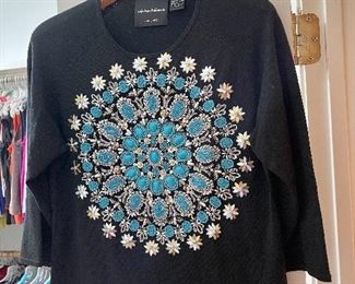 Michael Simon Turquoise and Silver Beaded Sweater Size L