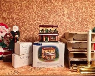 Vintage Department 56 Snow Village McGuire’s Irish Pub, Luminara Battery Op Candles, Needlepoint Santa