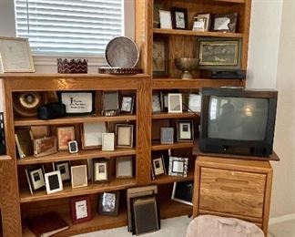 Wood File Cabinet, Signed Waterfowl Art, Vintage Brass Etched Pedestal Bowl, Picture Frames 