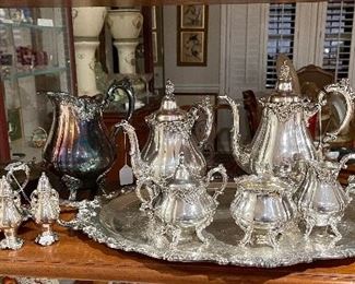 Wallace Silver-plate Baroque Coffee/Tea Set w/Tray, Water Pitcher, Gravy Boat w/Underplate, Silent Butler