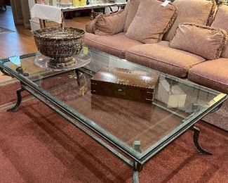 Heavy Wrought Iron Glass Top Coffee Table, Silverplate Wine Bucket with Tray, Vintage Wood and Brass Chest