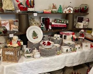 Vintage Cuthbertson American Christmas Tree China Set from Neiman Marcus: Dinner Plates, Salad Plates, Sugar/Creamer, Gravy, Serving Pieces, Cups & Saucers, High Ball Glasses. 
Vintage Ceramic Hand Painted Santa Claus Cookie Jar, Candles from Neiman Marcus