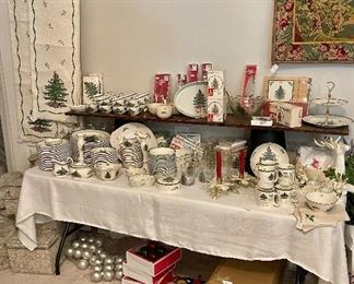 Spode Christmas:  Dinner Plates, Salad Plates, Bowls, Spoon Rest, Sugar/Creamer, Serving Bowls, Candlesticks, Trinket Box, Butter Dish, Cheese Knife, Meat Knife, Canapé Set, Pastry Knife, Coasters, Dinner Bell, Coffee Cups Tiered Tray
