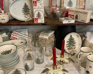 Spode Christmas:  Dinner Plates, Salad Plates, Bowls, Spoon Rest, Sugar/Creamer, Serving Bowls, Candlesticks, Trinket Box, Butter Dish, Cheese Knife, Meat Knife, Canapé Set, Pastry Knife, Coasters, Dinner Bell, Coffee Cups Tiered Tray