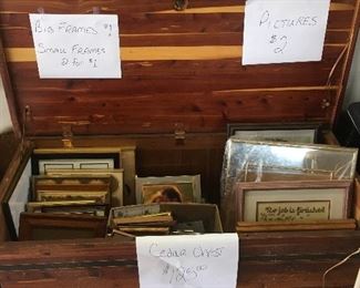 Cedar chest. Picture frames. Home decor