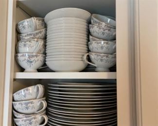 Large set of china, blue and white, mid century, 32 dinner plates, 34 cups and saucers, fruit bowls, dessert plates, serving pieces