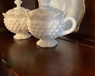 Fenton hobnail lidded sugar and creamer