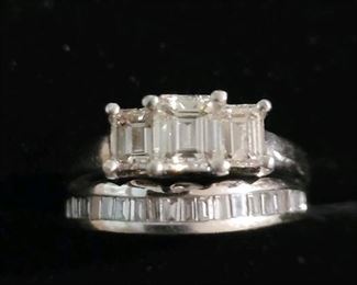 Emerald Cut Diamond Ring Set- Large Stone apx 3/4 carat (3 emerald cut diamonds apx 1.5 carats) Set in 14k White Gold