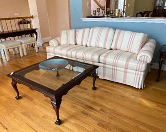 White with Pink/ Coral Striped Sofa / Ethan Allen Square Glass top Coffee Table
