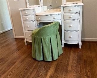 Pottery Barn "lilac" Vanity and Custom-made green microfiber vanity chair. PRICE $450
Chair is 26" high and 20" wide