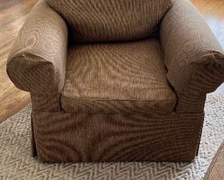 Pair of Down Filled Cushion Club Chairs & One Ottoman by Craftwork. Purchased at Richard Tubbs. Height to back: 28". Height to top of the back cushion: 34". Width: 35". Depth: 36". Ottoman height: 16.5". W: 26.5". D: 22" PRICE $ 375 for each chair. Ottoman $200