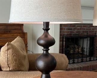 Oil rubbed heavy bronze lamp (not real bronze). Height: 26.5". Width at top of shade: 12.5". Width at base of lamp: 6.25" PRICE $50