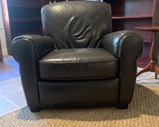 Leather Club Chair Recliner. Dark Brown. H: 36". W: 40". D: 38". Seat Depth: 24". *Note some crackling on one arm of the chair. PRICE $250