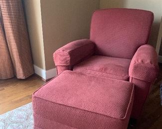 Ethan Allen Club Chair & Ottoman. Height: 36". Width: 26". Depth: 33". Ottoman Height: 16". Width: 22". Depth: 18". PRICE $600