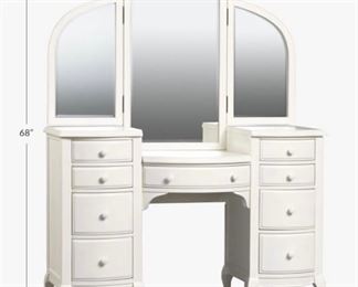 Pottery Barn "lilac" Vanity and Custom-made green microfiber vanity chair. PRICE $
Vanity Is 36" High at the side Drawers.
Height is 68" tall from floor to top, center of the vanity mirror.
Width is 54"
Depth is 19.5".
Vanity mirror is adjustable and drawer fronts are curved