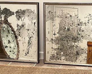 Pair of large, antiqued glass square mirrors in a silver leaf frame. 40" square Each. PRICE for PAIR $ 300