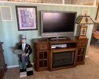 TV, Liquor Butler, Entertainment Center w/ Faux Fireplace Heater, Lamp w/ Tiffany Style Shade, Print