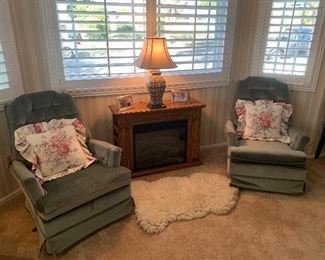 Recliners, Faux Fireplace Heater, Lamp, Sheepskin Rug