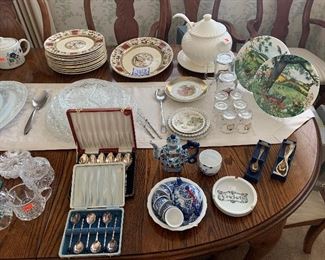 Spoons, Wedgwood Plates, Blue Willow Style Tea Set, Queen’ Coronation 25th Anniversary Glassware, China Sets, Soup Tureen