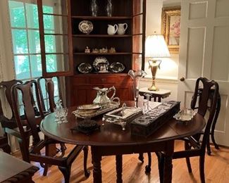 Antique Mahogany Drop-Leaf Oval DR Table with Barley Twist Legs on metal Casters, and  6 Antique Queen Ann DR Chairs , (2 Tall Captains and 4 Side Chairs) with Ball and Claw feet from Paine Furniture Company, Boston, Mass.