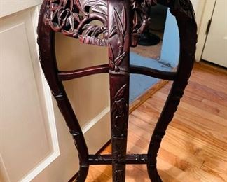 Antique Mahogany Plant Stand with beaded marble top and ornate Asian style carvings and claw feet