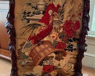 Large Victorian Mahogany Fireplace Screen/Stand with Hand Embroidered Cockatoo & Floral Design and roped silk trim backing 