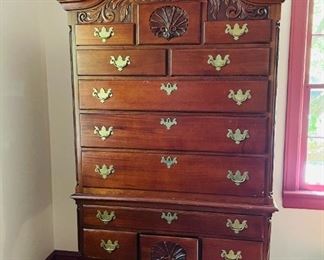 Antique Mahogany Tall Chest with Ornately Carved Finials and Embellishments, 82Hx38W