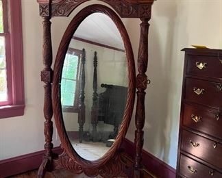 Antique Mahogany Dressing Mirror with Ornately Carved finials and embellishments with Ball and Claw Feet, 78Hx36W
