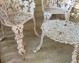 Victorian White Iron Garden Chairs, Settee, and Round Accent Table